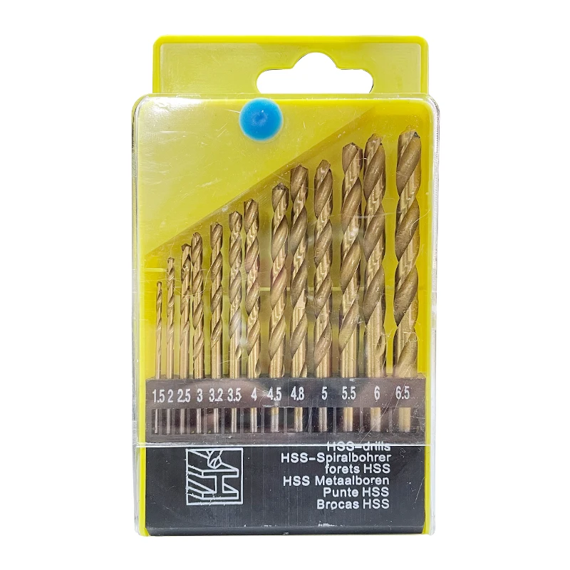 Set of 13pcs High Speed Steel Titanium Plated Twist Drill Bit Set Hexagonal Handle Drills Electric Hand Drill Bits 1.5 to 6.5mm
